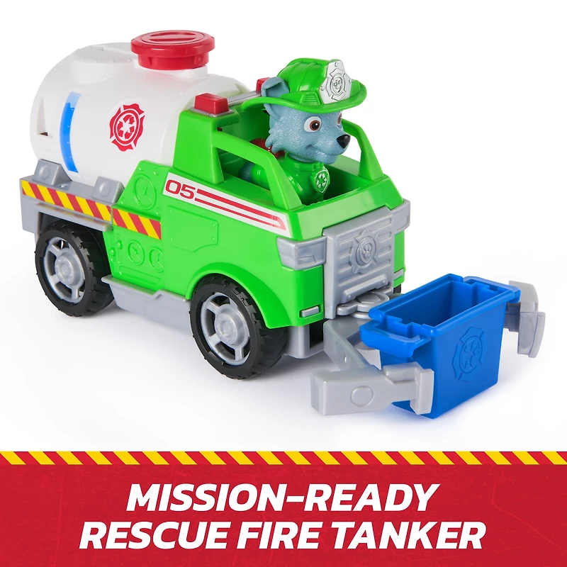 Pat' Patrouille Mission pompiers : Camion-citerne de pompiers Rocky avec figurine articulée, pince et camion, jouets pour garçons et filles à partir de 3 ans