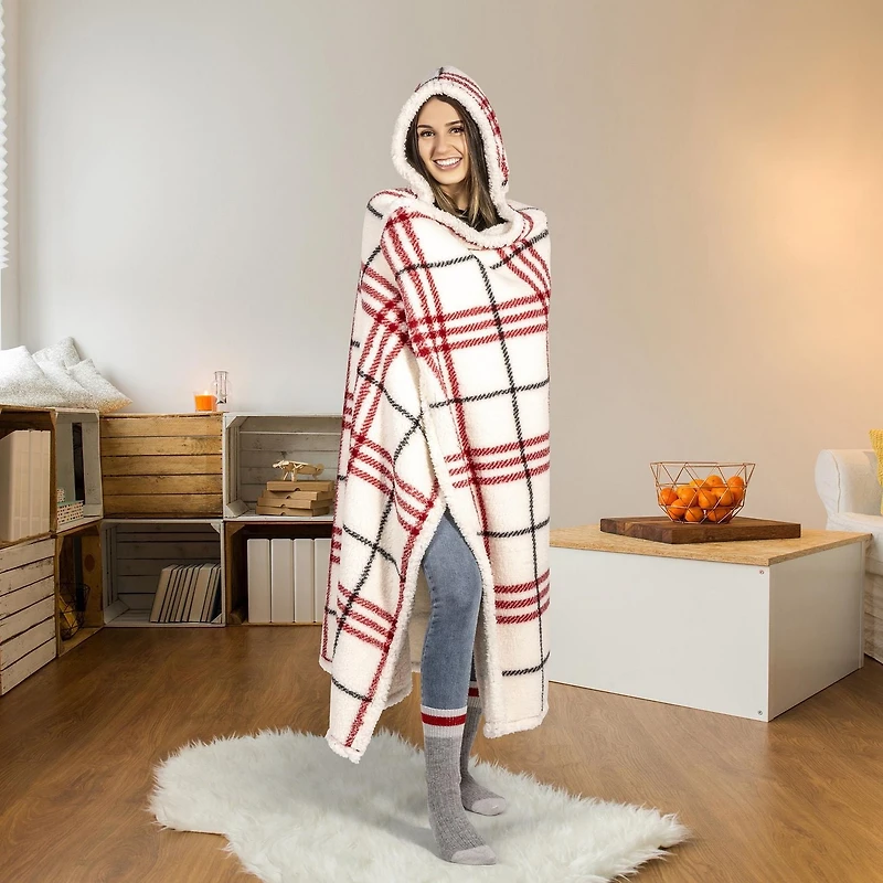 Safdie & Co. Premium Ultra Soft Hoodzy Hooded Throw Blanket with Sherpa Red Plaid