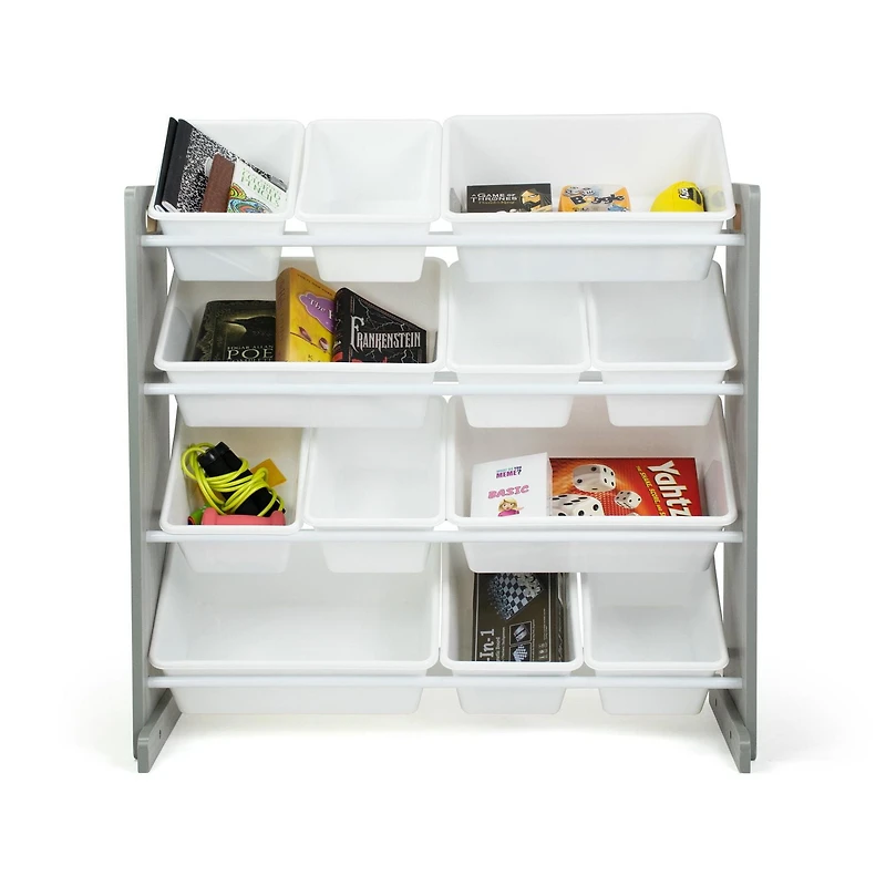 Rangement jouets, 12 bacs en plastique, bois gris
