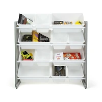 Rangement jouets, 12 bacs en plastique, bois gris