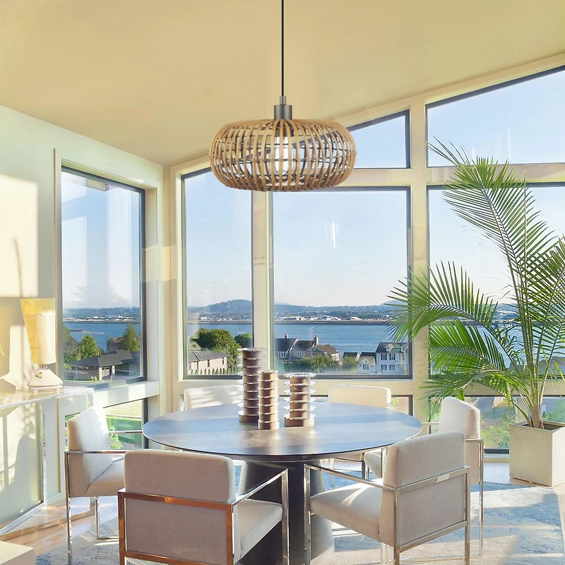 Novogratz x Globe Electric Trancoso 1-Light Metal Pendant Light, Rattan Shade, Black Socket, Black Fabric Hanging Cord, 61063