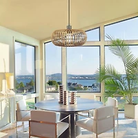 Novogratz x Globe Electric Trancoso 1-Light Metal Pendant Light, Rattan Shade, Black Socket, Black Fabric Hanging Cord, 61063