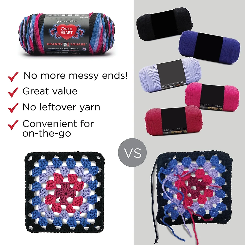 Red Heart® All In One Granny Square™ #4 Worsted (Medium) Acrylic Yarn 8.8oz/250g 417 Yards, Designed to crochet 5 granny squares in 1 ball.
