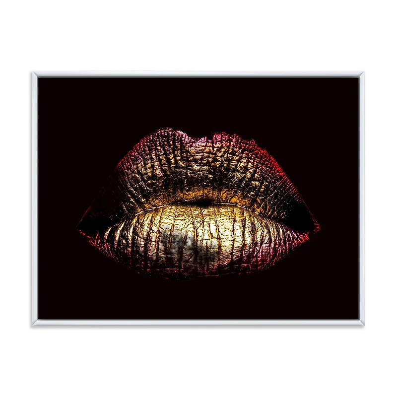 Designart Lèvres féminines métallisées dorées sexy IV ART MURAL À CADRE FLOTTÉ