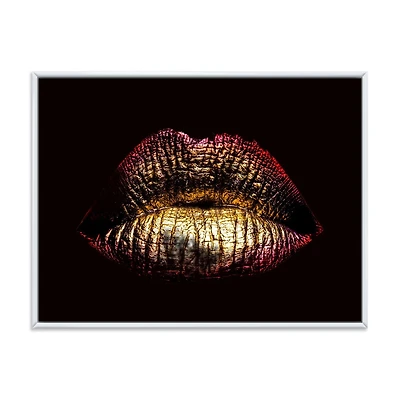 Designart Lèvres féminines métallisées dorées sexy IV ART MURAL À CADRE FLOTTÉ