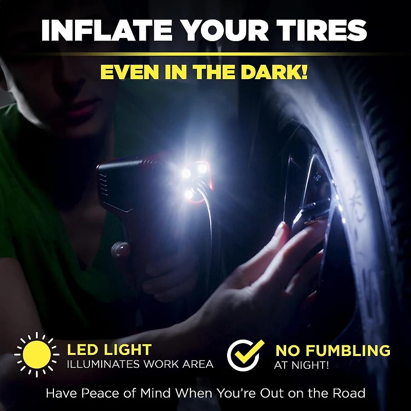 Gonfleur de pneus Bullseye 150 PSI – Compresseur d’air électrique portatif, pompe à air pour voiture et vélo avec manomètre LED et alimentation 12V DC Bullseye Tire Inflator 150 PSI Electric Air Compressor Portable Air Pump For Car Bike LED Tire Pressure Gauge 12V DC