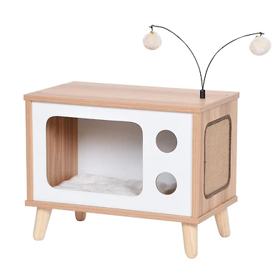 Vibrant Life Modern Laminated Wood Cat Condo with Sisal Scratching Pad, Beige, 16 Inch Vintage T.V. Style Wooden Condo with Toys & Scratcher