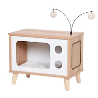 Vibrant Life Modern Laminated Wood Cat Condo with Sisal Scratching Pad, Beige, 16 Inch Vintage T.V. Style Wooden Condo with Toys & Scratcher
