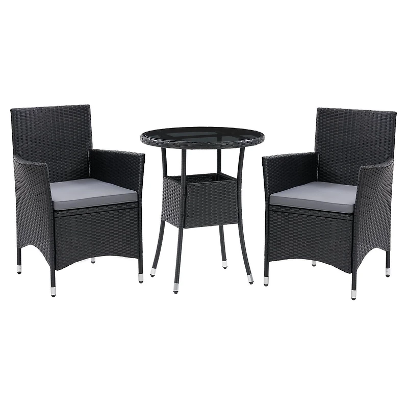 CorLiving Parksville Black Rattan and Steel 3-Piece Patio Bistro Furniture Set with Chairs with Grey Cushions, and Table