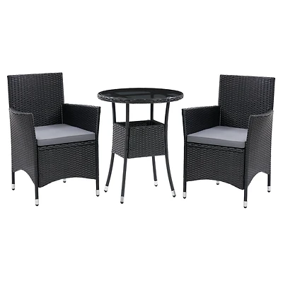 CorLiving Parksville Black Rattan and Steel 3-Piece Patio Bistro Furniture Set with Chairs with Grey Cushions, and Table