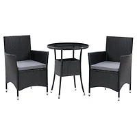 CorLiving Parksville Black Rattan and Steel 3-Piece Patio Bistro Furniture Set with Chairs with Grey Cushions, and Table