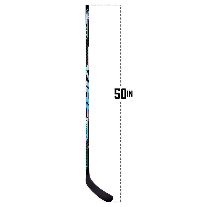 Bâton de hockey sur glace composite VIBE Prism XC2 – Jeunesse 50 po – Courbe droite, point de flexion moyen, flex 20, inclinaison 5 – Design holographique