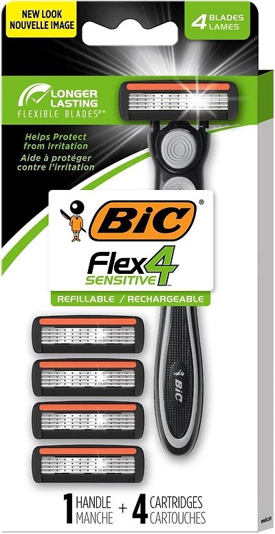 BIC Flex 4 Refillable Razors for Men, Long-Lasting 4 Blade Razors for Sensitive Skin, 1 Handle and 4 Cartridges, Shaving Kit