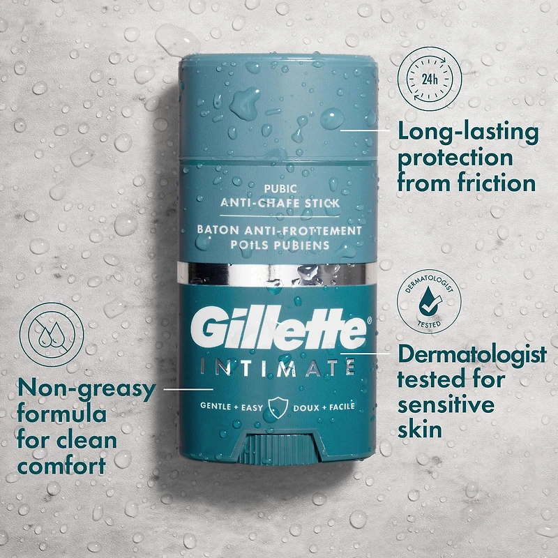 Bâton anti-friction pubien Gillette Intimate, réduit le frottement et l’irritation, facile à appliquer, testé sous contrôle dermatologique