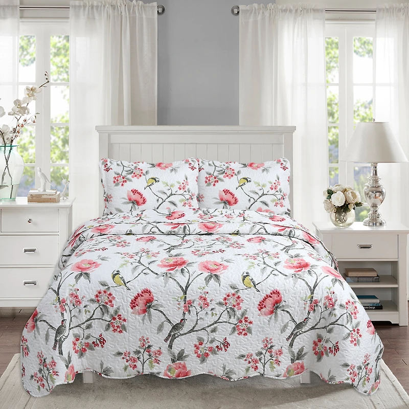 Marina Decoration Rich Printed Stitching Coverlet Bedspread Ultra Soft Summer Bedding Quilt Set with Quilted Sham, Pink Floral and Birds Pattern