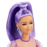 Barbie Fashionistas Doll #178, Petite, Long Purple Hair & Purple Metallic Dress, Sheer Bodice & Sleeves, Purple Sneakers, 3 to 8 Years Old
