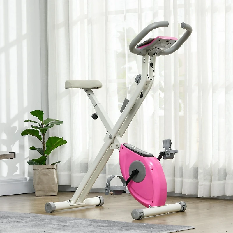 Soozier vélo d'exercice pliable avec résistance magnétique à 8 niveaux, rose