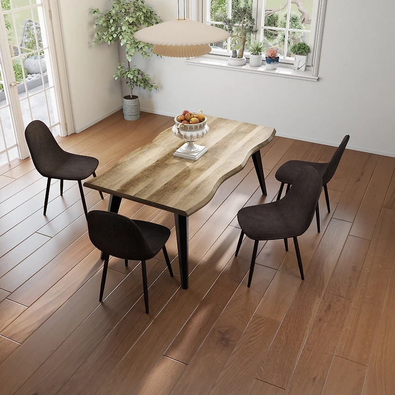 Ensemble de salle à manger Homy Casa style industriel moderne 5 pièces pour 4 personnes, table en faux bois imitation noyer avec bords naturels et 4 chaises sans accoudoirs