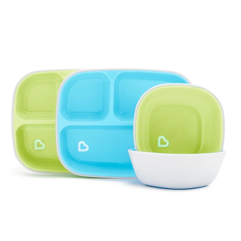 Munchkin Splash 4 Piece Toddler Divided Plate and Bowl Dining Set, Blue/Green