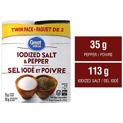 Great Value Iodized Salt and Pepper, 35 g Black pepper, 113 g Iodized salt