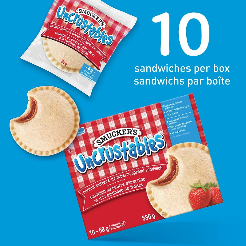 Smucker's Uncrustables Peanut Butter and Strawberry Spread Sandwich, Frozen, Pack of 10, 58g, SM 58G UNCR PB STW SW 10PK 6CT
