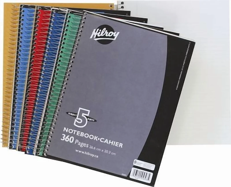 Hilroy Coil Notebook with Margin, 5 Subject , 10-½ X 8, 360 Pages, Assorted Colours, 5 Subject Notebook