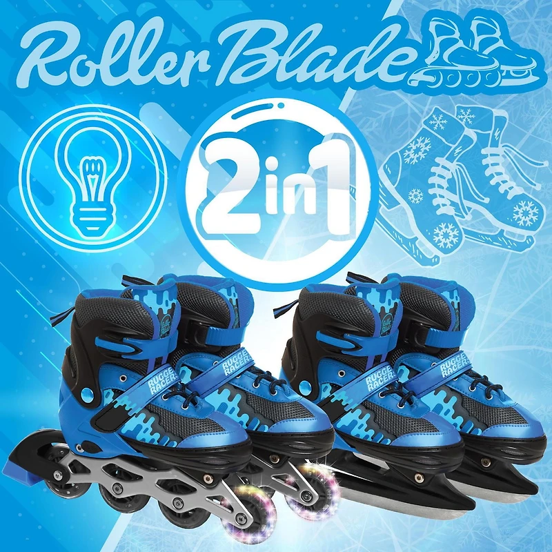 Patins à roulettes et patins à glace ajustables et convertibles Rugged Racer pour enfants - Moyen - Bleu
