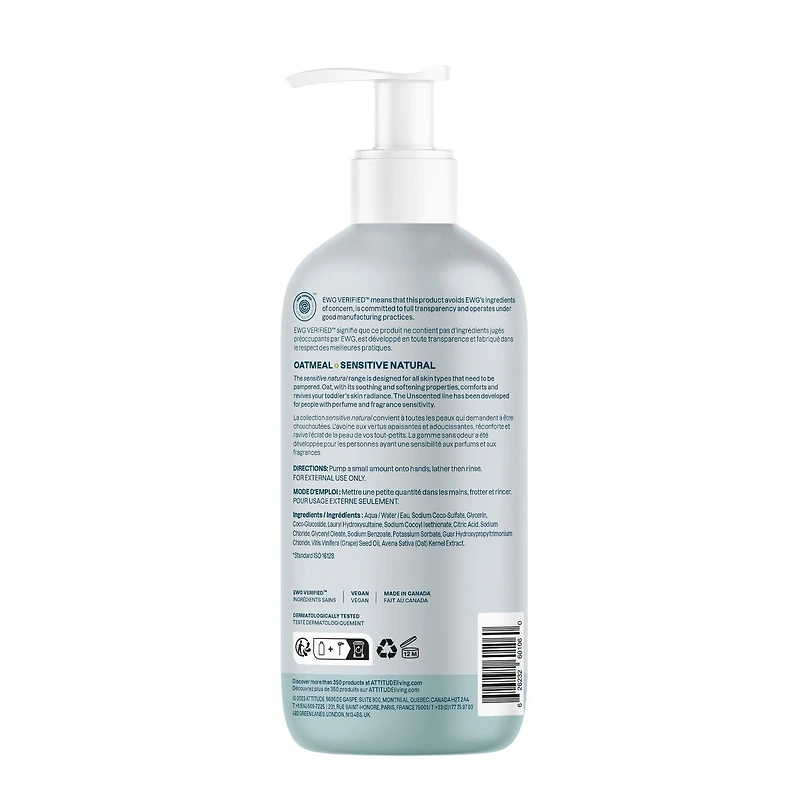 ATTITUDE baby oatmeal sensitive natural, Shampoing et Gel Douche, Sans Odeur, 473 mL