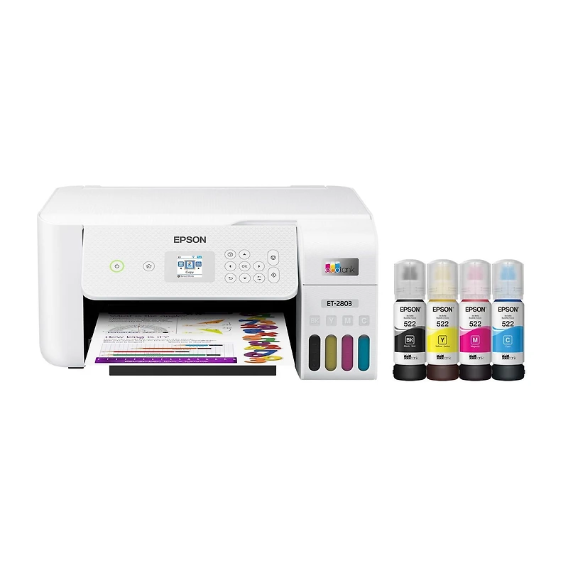 Imprimante multifonction couleur sans cartouche Epson EcoTank ET-2803 à réservoirs d’encre géants avec scanneur, copieur et connectivité sans fil