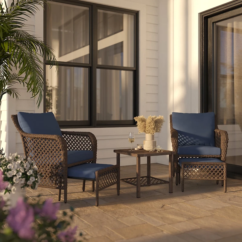 HOMETRENDS Belmont 5-Piece Steel Outdoor Chat Set with Ottomans and Cushions, Navy