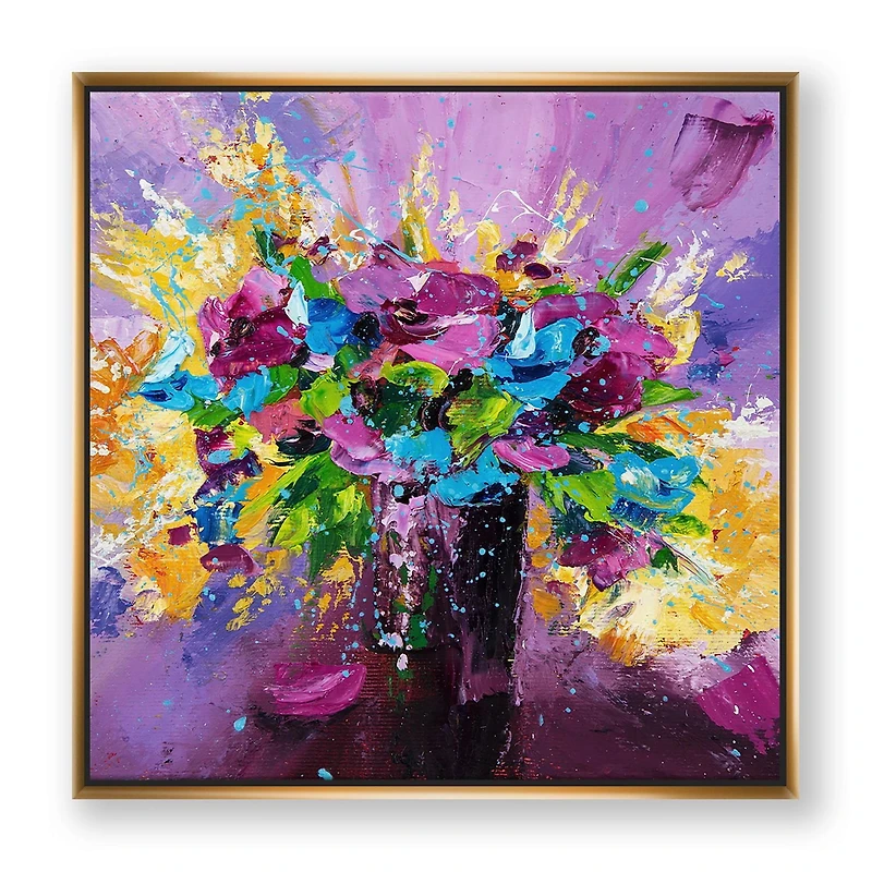 Designart Bouquet lumineux de fleurs de printemps sur fond violet ART MURAL À CADRE FLOTT