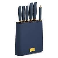 Thyme & Table Ensemble de 7 couteaux à bloc fin avec lames dorées et bloc bleu