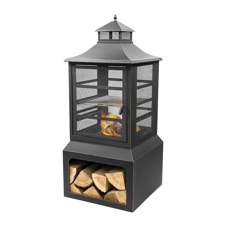 Deko Living 26" Square Outdoor Steel Wood Burning Fireplace with Cast Iron Cooking Grill, Log Storage and Poker