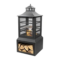 Deko Living 26" Square Outdoor Steel Wood Burning Fireplace with Cast Iron Cooking Grill, Log Storage and Poker