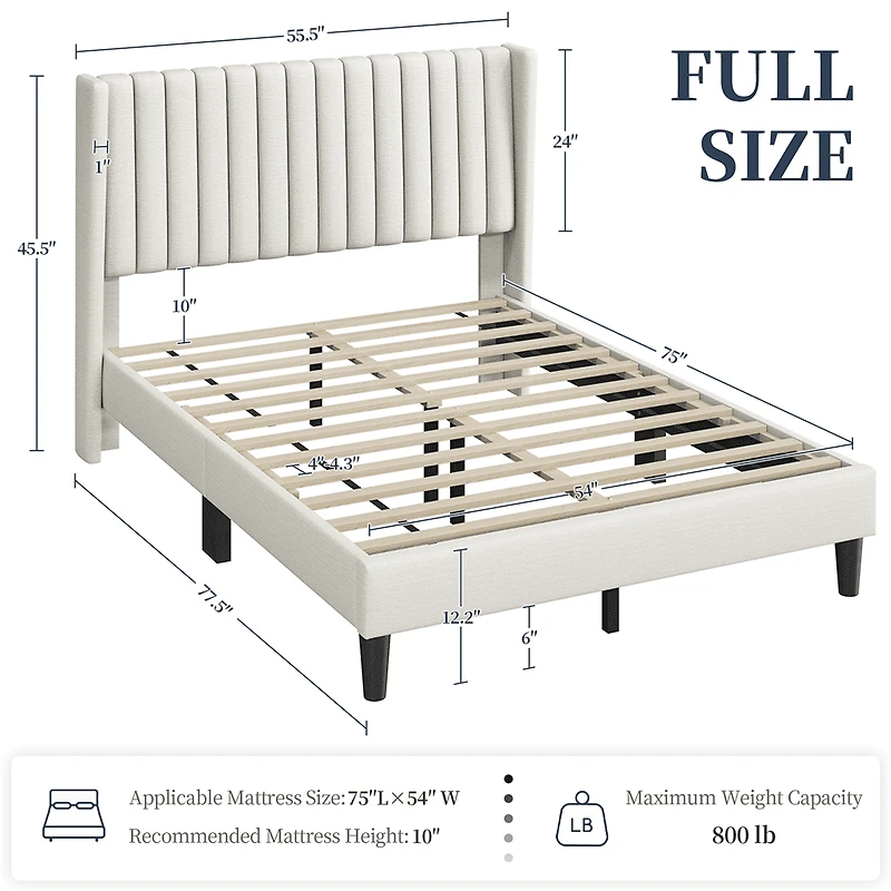 Fullfurnique Upholstered Bed Frame with Wing Side and Channel Headboard, King, Ivory