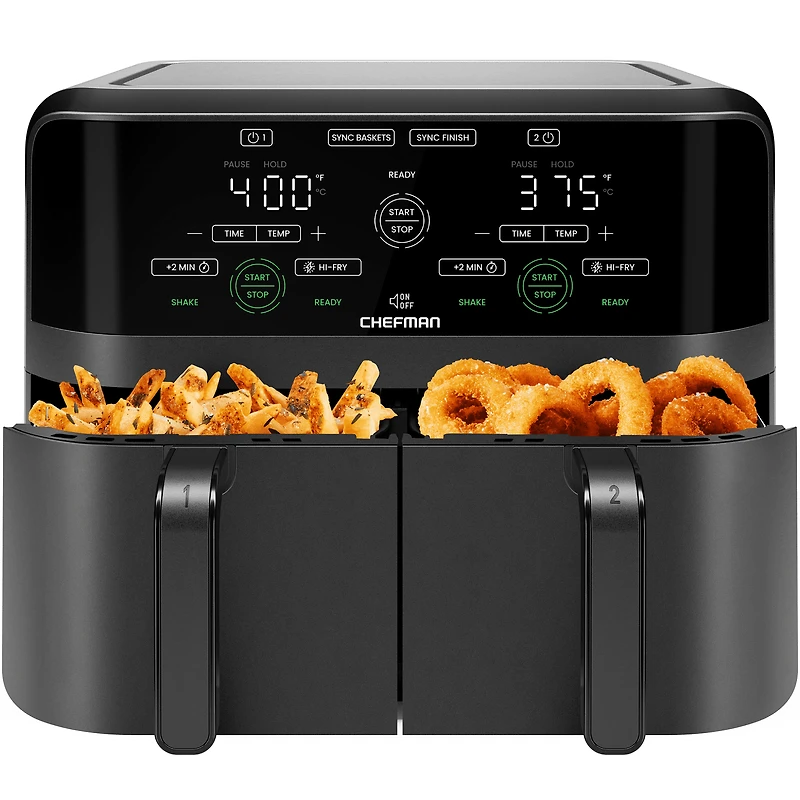 Friteuse à air chaud numérique Chefman 5,5 L à deux paniers -  Deux paniers antiadhésifs indépendants de 2,75 L - Noir