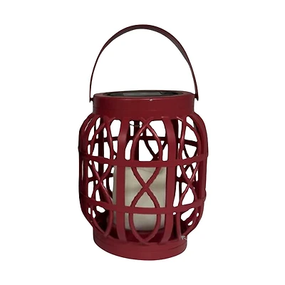 LED Solar Basket Weave Lantern With Faux Candle Red
