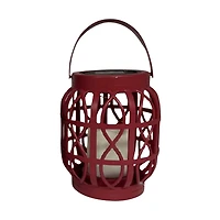 LED Solar Basket Weave Lantern With Faux Candle Red