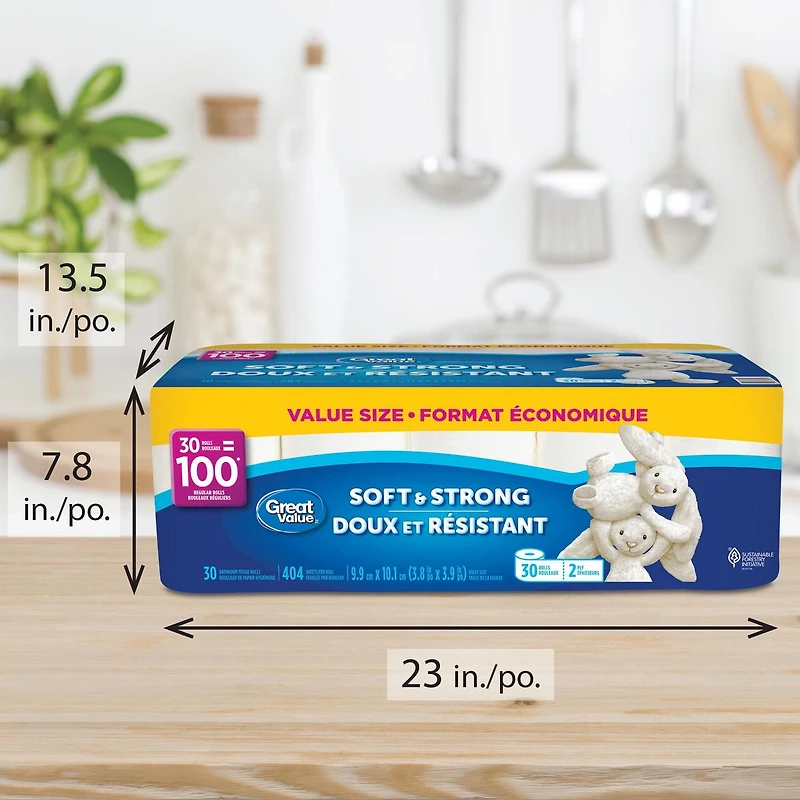 Great Value, Septic Safe Toilet Paper, 30 Family Equal 100 Rolls, 404 tissues per roll