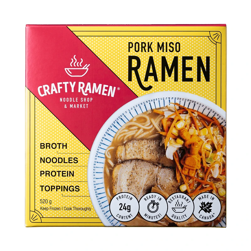 Pork Miso Ramen, Restaurant-Quality Frozen Ramen - 520g, 24g Protein per serving. Includes: broth, noodles, protein, toppings. Ready in minutes.
