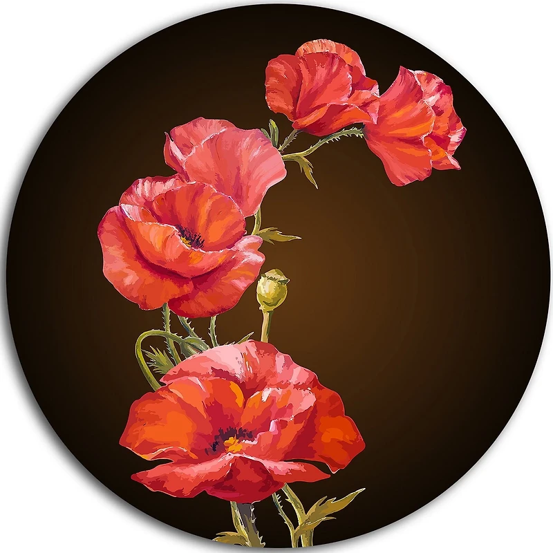 Design Art Bright Poppies Flower' Ultra Glossy Floral Metal Circle Wall Art