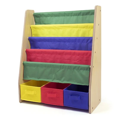 Humble Crew Étagère pour enfants 4 Rangement de livres à 4 niveaux et organisateur de bacs en tissu, naturel / primaire
