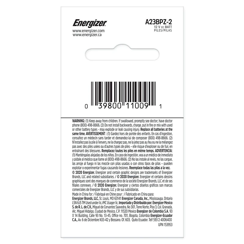 Piles Energizer A23, emballage de 2 Paquet de 2 piles