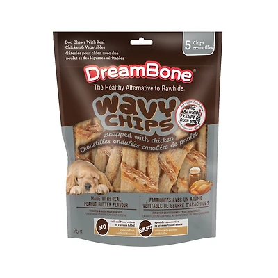 "DreamBone Chips Ondulées au Beurre de Cacahuète Enveloppées de Poulet 5ct, 75g" DreamBone Chips ondulées au beurre de cacahuète enveloppées de poulet 5 ct, 75 g sans cuir brut