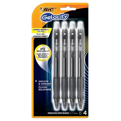 BIC Gel-ocity Original Retractable Gel Pen, Medium Point (0.7mm), Black Ink, 4-Count, Contoured Grip for Comfort and Control, 4 Pack
