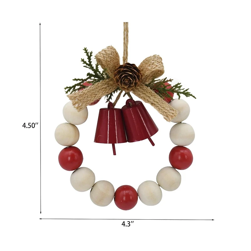 Holiday Time Winter Chalet Beaded Wooden Wreath With Bell Christmas Ornament, Red