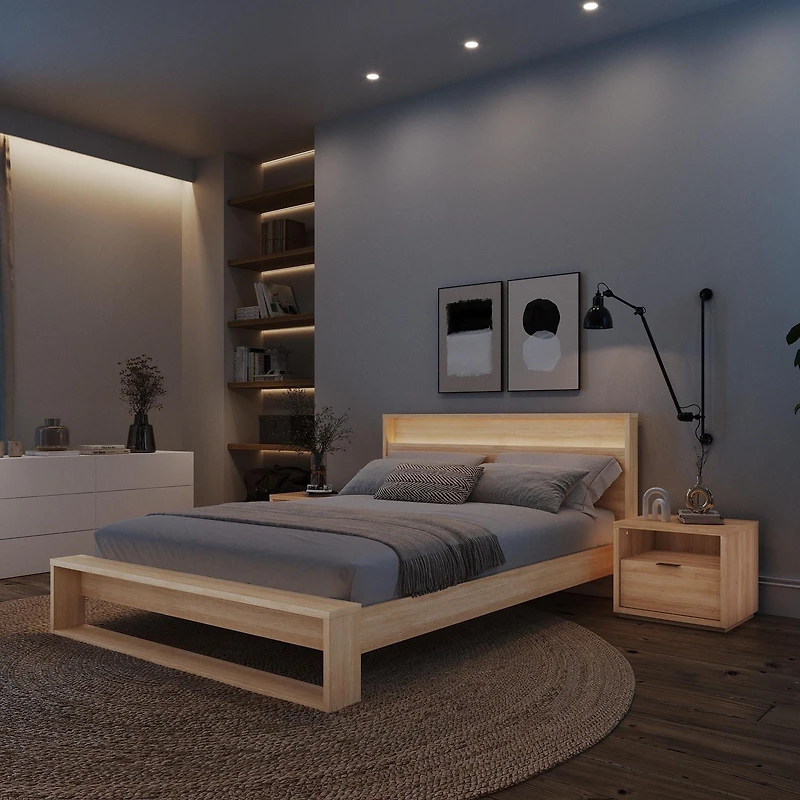 Gael 4 Piece Queen Size Bedroom Set with Slatted Bedframe, Headboard with Integrated Light, 2 Nightstands