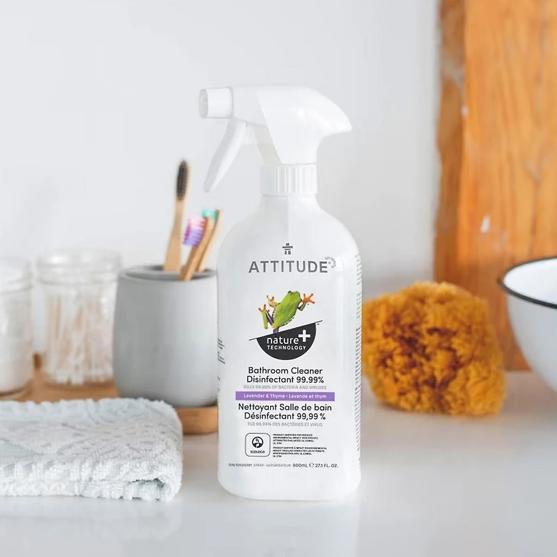 ATTITUDE home+ technology, Bathroom Cleaner Disinfectant 99.99%, Thyme & Lavender, 800 mL