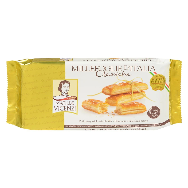 Vicenzi Baked Flaky Fine Sugar Icing Butter Coated Puff Pastry Sticks 125G, These crispy, light and delicate puff pastry are covered in a delicious glaze with a delicate apricot finish: just impossible to resist. Perfect to indulge your sweet tooth any time of day, our Iced Puff Pastry Sticks will seduce even the most sophisticated palates.