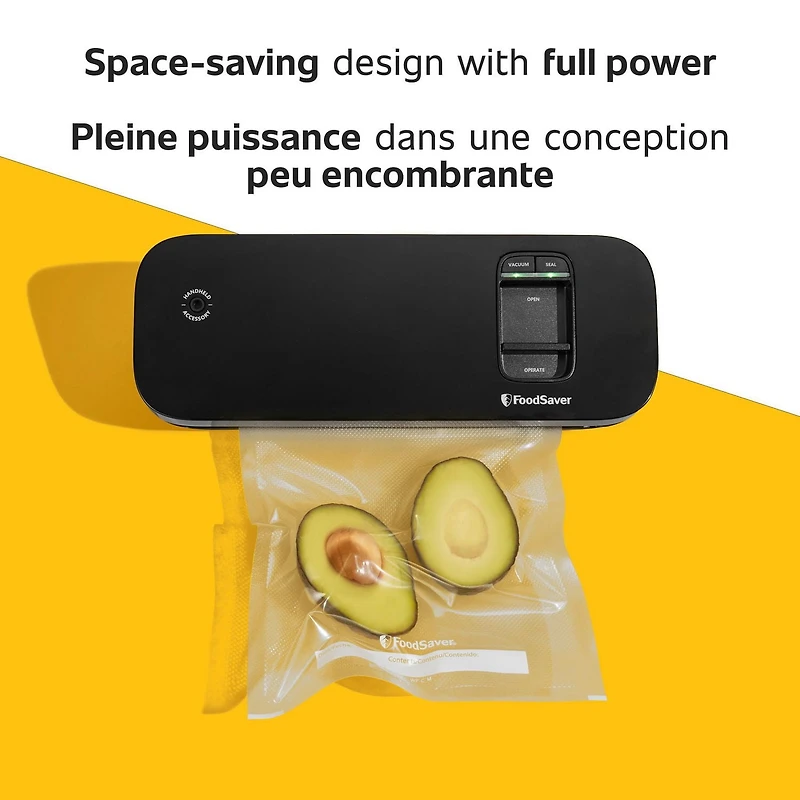 FoodSaver Compact Vacuum Sealer, Space-Saving Food Preservation System, Includes 2 Quart-Size Bags (946 mL)